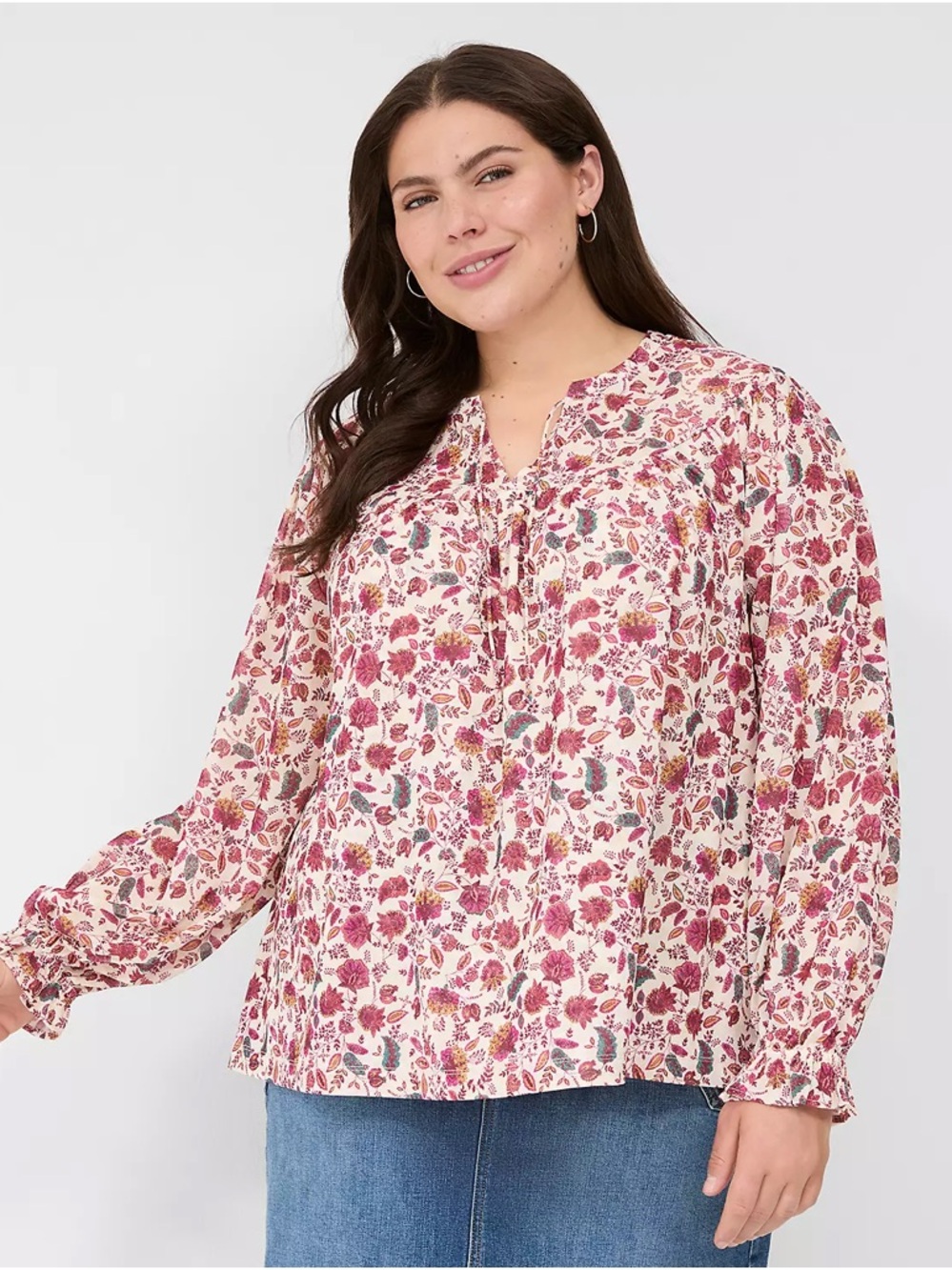 Lane Bryant Women’s Swing Split-Neck Mesh Top Floral Peasant Blouse Size 14/16